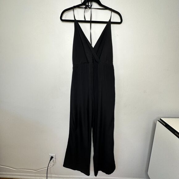 Kelly Renee Jet Black Wrap Sexy VNeck Spaghetti Halter Top Jumpsuit Romper M - Picture 2 of 13